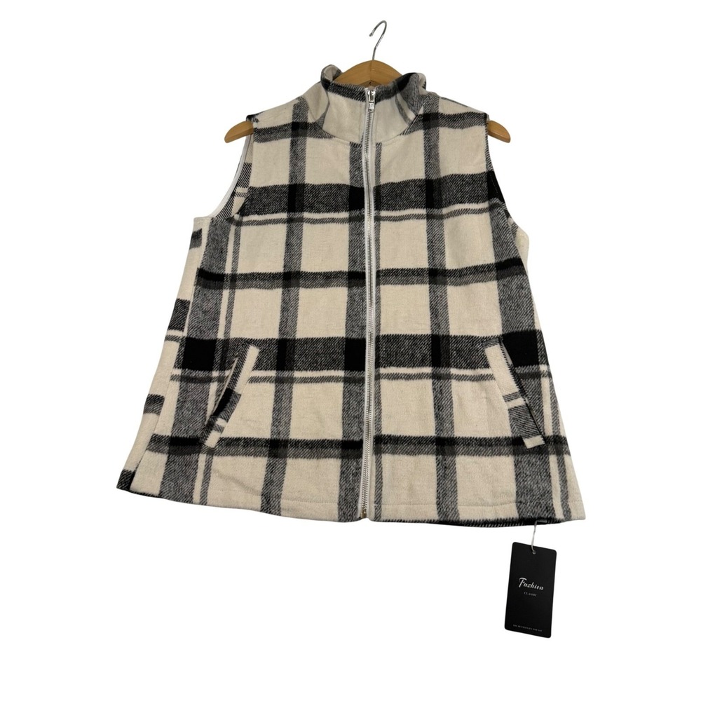 Fashion Classic Womens Plaid Fleece Vest Black Cream Full Zip Mock Neck Medium